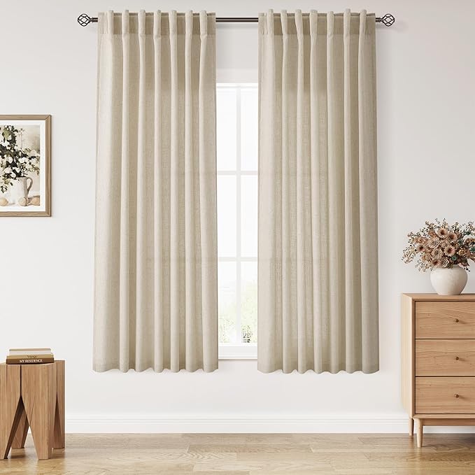 Nanspring Eggshell Beige 63 Inch Curtains for Living Room Linen Blend Luxury Light Filtering Semi Sheer Curtain Back Tab Rustic Decor Neutral Elegant Drapes for Bedroom Office 52x63, 2 Panels