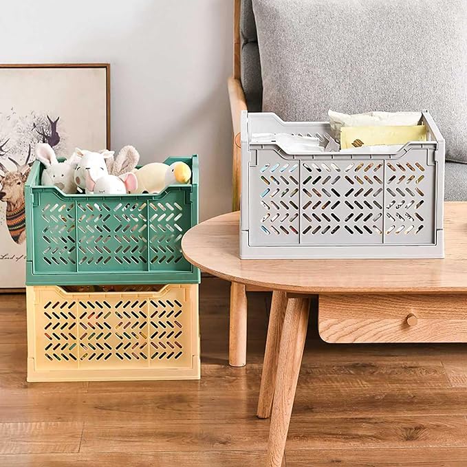 Domiella 2-Pack Crates for Storage, Storage Crates Plastic Stackable, Foldable Crate for Office Home Kitchen Bedroom Bathroom (Tall, Yellow)