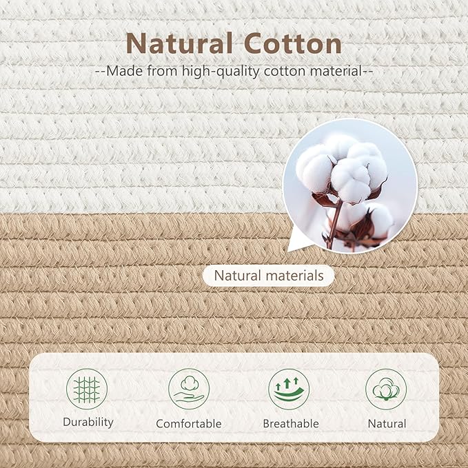 Cotton Rope Storage Baskets,15x10x9 in,Foldable Storage Bins, Decorative Woven Basket Cube Storage Organizer for Laundry, Towel, Clothes (White/Beige-3Pack, 15x10x9 inches)