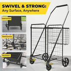 3.7 Cu Ft Folding Shopping Cart - 380 LB Capacity Grocery Cart with 360° Braked Swivel Wheels - Heavy Duty Utility Cart with Double Basket & Removable Waterproof Liner with Lid for Laundry