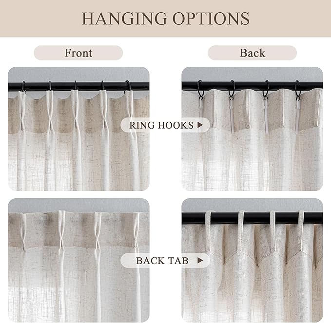 MYSKY HOME Linen Curtains 63 Inch Length for Bedroom, Semi Sheer Curtains Light Filtering Window Panels Pinch Pleated Privacy Protect Drapes, Boho Farmhouse Texture Soft Touch, 40" x 63", 2 Panels