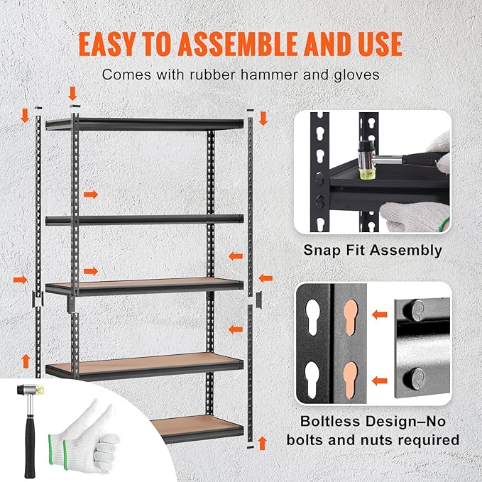 VEVOR Storage Shelving Unit, 5-Tier Adjustable Storage Shelves, 48" L x 24" W x 72" H Heavy Duty Garage Storage Shelves, Metal Shelves for Kitchen Pantry Basement Bathroom Laundry
