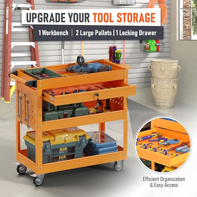 3 Tier Rolling Tool Cart, Heavy Duty Tool Cart on Wheels for Mechanics,400 LBS Tool Cart with Drawers for Garage, Warehouse & Repair Shop (Orange)