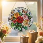 Butterfly & Rose Ornament: Stained Glass Suncatcher, Suncatcher for Window Decor, Stained Glass Window Hanging, Christmas Ornament, Gifts for Nature Lover, Women, Christmas, Mother's Day, Birthdays