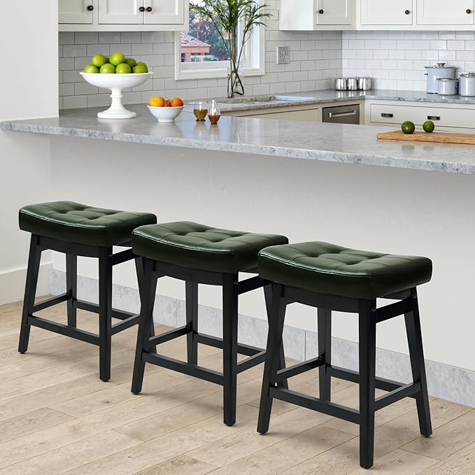 Counter Height Bar Stool for Kitchen Counter Modern Backless Barstool with Upholstered Faux Leather Seat and Solid Wood Leg Farmhouse 24 inch Bar Chair, Green + Black, 1pc