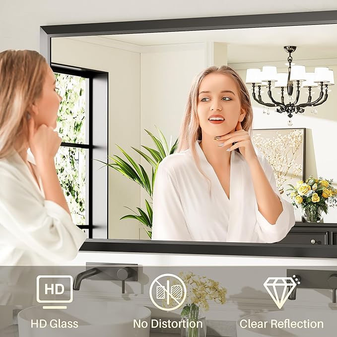 60x30 Inch Black Bathroom Mirror for Wall, Thick Metal Framed Rectangle Mirrors for Over Sink, Bedroom, Living Room, Entryway, Anti-Rust, HD Tempered Glass