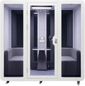Office Pod, Sound Pod, Large Space SoundProof Office Pod for 8 People, Sound Booth Mobile Roller, LED Lighting, Centrifugal Fans and AC USB Ports X Large for 8 Persons White/Smoked Glass