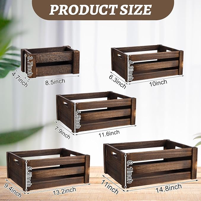 Barydat Set of 5 Wood Crates for Display Decorative Nesting Wooden Crate Storage with Handles Vintage Farmhouse Style Decorative Boxes Multipurpose Fruits Vegetables Boxes(Dusty Brown,Rustic)