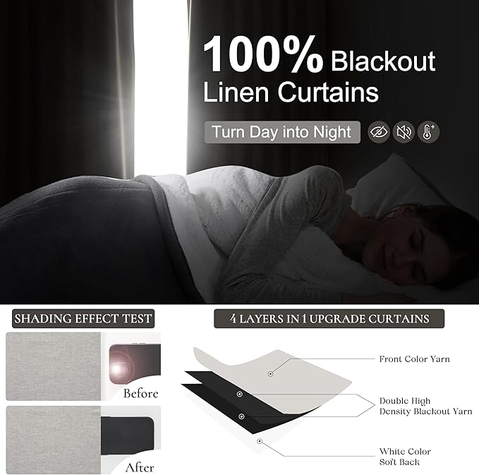 Pleat Linen Blend Room Darkening Extra Long Curtains 120 Inch Length 2 Panels Set for Living Room, Natural Melange Grey for Bedroom Windows Blackout Drapes Heat Blocking for Summer Heat (50"Wx120"L)