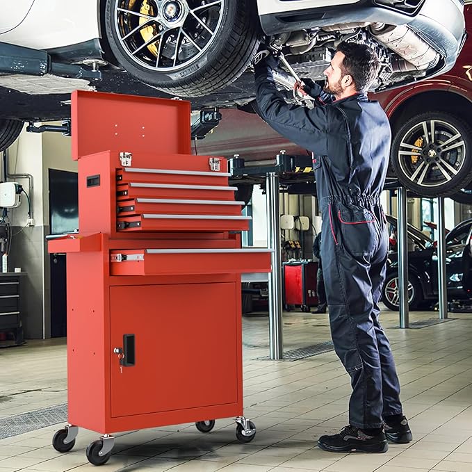 5-Drawers Red Tool Chest, 2-in-1 Mechanic Rolling Tool Box Removable Lockable Tool Storage Cabinet, Metal Tool Cart with Drawers and Wheels for Garage, Workshop