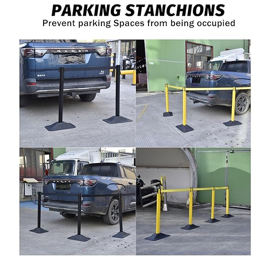 BESEA 4 Pack 36" Yellow Crowd Control Barriers with 10FT Retractable Belt, Heavy Duty Rectangle Base Stanchions for Queue Management, Event, Hotel, and Airport Use