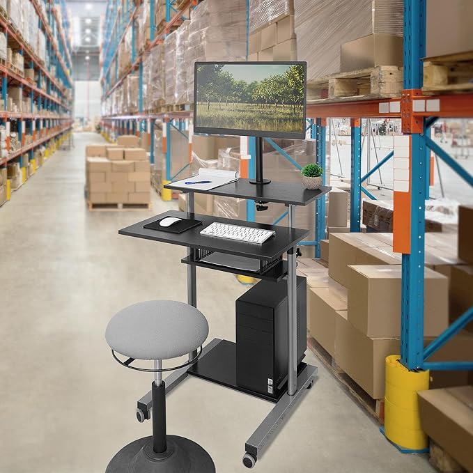 Mount-It! Mobile Computer Cart with Monitor Mount for Screen up to 32", Portable Desk on Wheels, Rolling Laptop Stand Teachers, Office, Classroom, Rise up to 53", Projector, Podium, Keyboard Tray