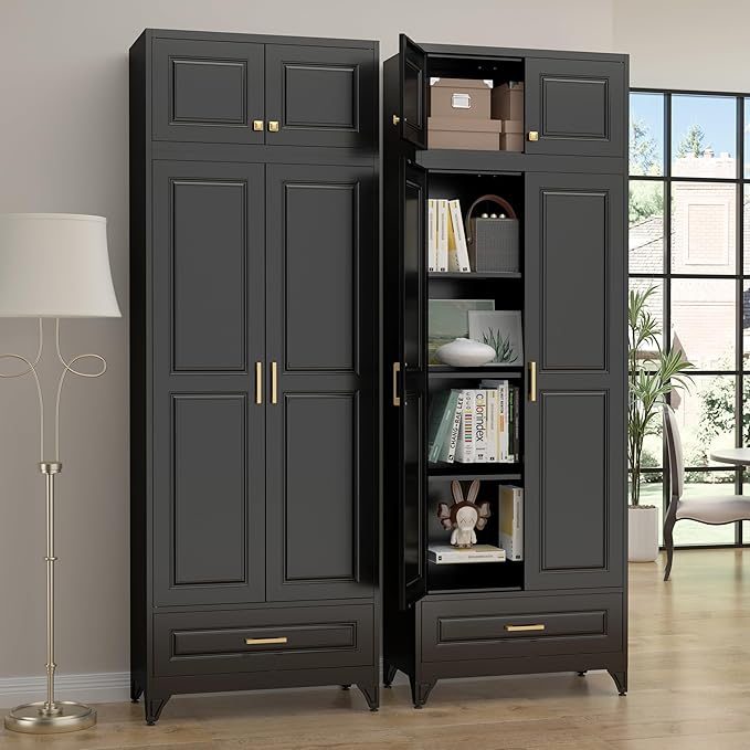 90" Kitchen Pantry Cabinet with Drawer, Metal Storage Cabinets with Doors and 4 Adjustable Shelves,Black Kitchen Cabinet with 2 Gold Handles,Food Cupboard for Livingroom,Pantry