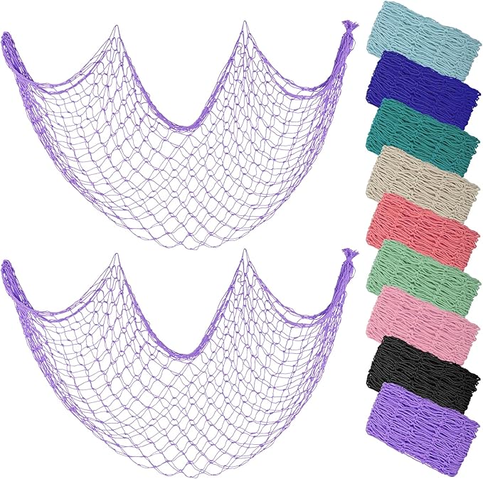 ZUEXT Purple Fishing Net Decorative 80x40 Inch, 2 Pack Large Picture Fish Net, Wall Photo Hanging Fishnet for Nautical Mermaid Pirate Ocean Themed Hawaii Beach Under The Sea Party Decoration