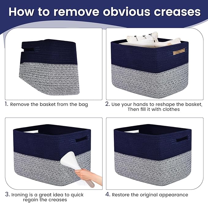3 Pack Shelf Woven Storage Basket, 15 x 10 x 9” Closet Rope Baskets For Organizing, Square Bins with Handles, Grey+Blue