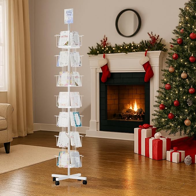 TONGMO 7-Tier Greeting Card Display Rack: 28-Pocket Rotating Countertop Stand for Postcards, Brochures, and Greeting Cards (White, 68.9”H)
