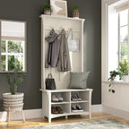 Bush Furniture Salinas Hall Tree with Shoe Storage Bench in Antique White, Multi-Purpose Home Organizer, Entryway Solution with Seating and Hooks