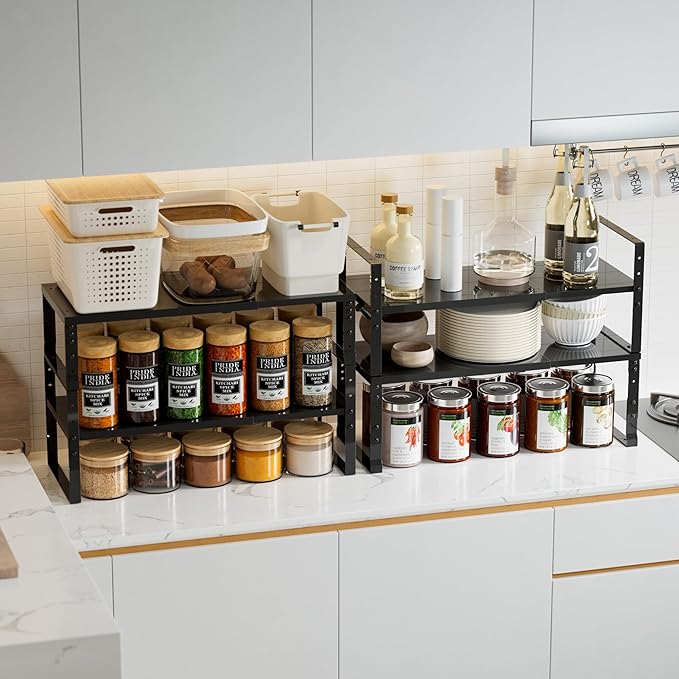 Expandable,Stackable Spice Rack,Seasoning Organizer and Storage,Spices Jar Racks for Cabinet,Countertop, Metal Pantry, Cupboard,Laundry Storages,Heavy Duty(2 PACKS/MEDIUM/BLACK)
