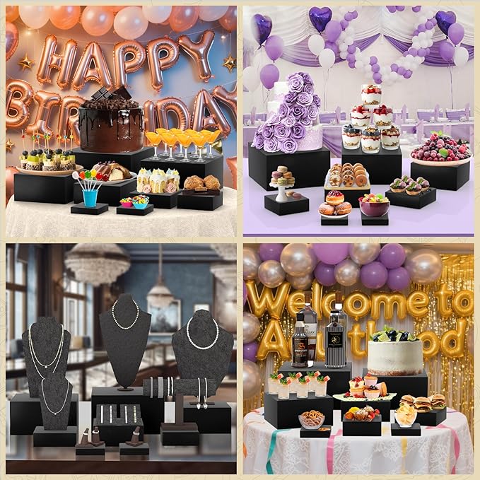 8 Pcs Buffet Food Risers, Large Acrylic Dessert Cupcake Table Stands Fruit Display Shelf Catering Supply Party Jewelry Show Decor Risers Cube Box Nesting Black （11",10", 8", 7",6",5",4", 4"