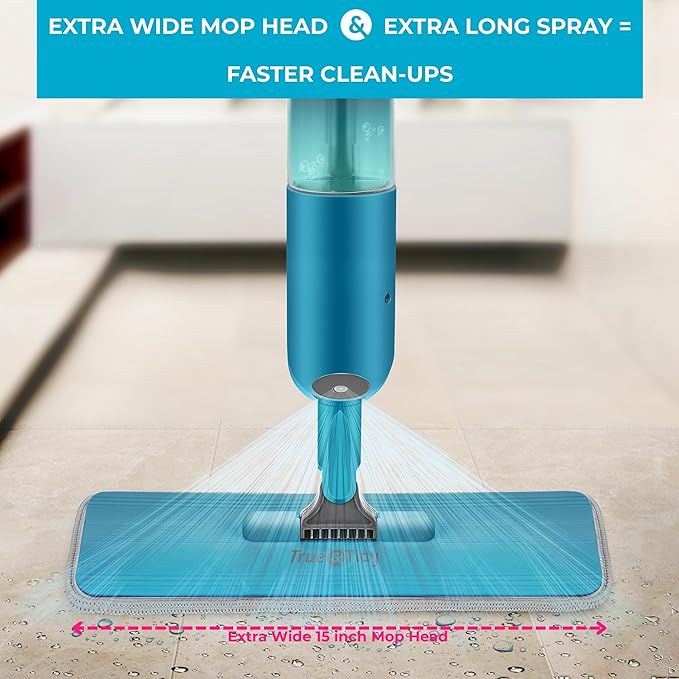 True & Tidy® SPRAY-250 Multi-Surface Spray Mop with Refillable Water Bottle for Floor Cleaning, Works on Wood, Tile, Marble etc, Use Any Cleaning Solution, Machine Washable Microfiber Mop Pads, Blue