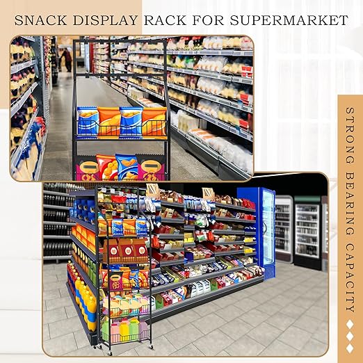 1 Set Retail Display Rack Shelf Cart with Wheels and Hook Heavy-Duty Metal Snack Potato Chip Display Organizer Concession Stand for Supermarket Grocery Store Home Black (5 Tier 10 Hook)