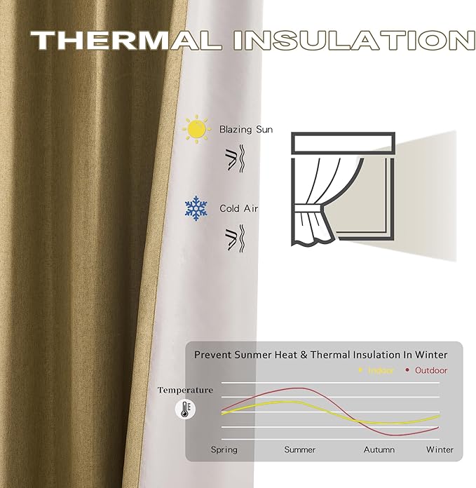 DUALIFE Gold Tan Pinch Pleated Blackout Curtains 105 Inches Long, Back Tab with Hooks, Linen Full Black Out Thermal Insulated Track Curtain for Bedroom Living Room,50 W x 105 L, 2 Panels