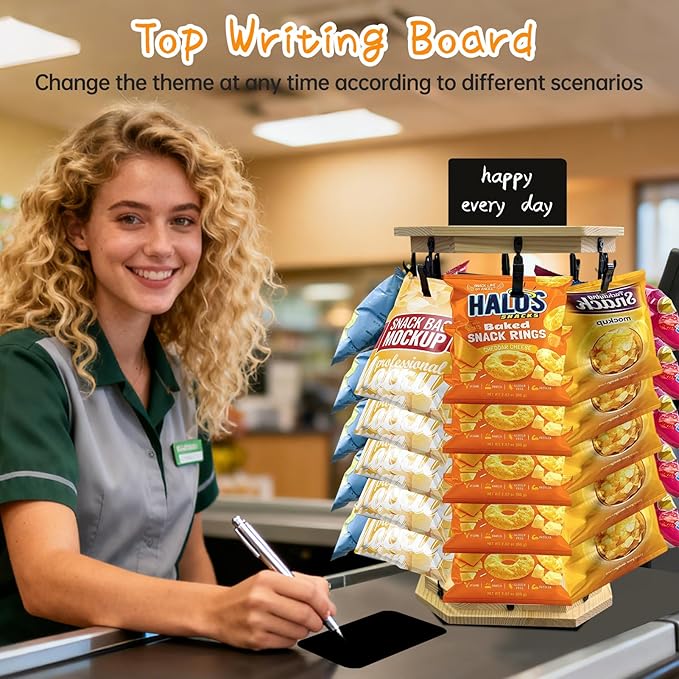 Chip Rack Display Stand 360° Rotating 5 Tiers 40 Clips Bar Snack Organizer Retail Display Rack Wooden Base Candy Holder for Concession Stand Countertop Party Store With Message Board (Octagon)