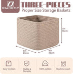 OIAHOMY 9”x9”x7” Storage Cubes, Cotton Rope Woven Baskets for Organizing, Cube Storage Bin, Small Gift Basket for Shelf, 3-Pack, Brown