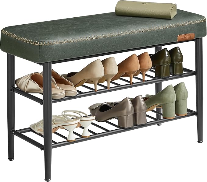 VASAGLE EKHO Collection - Shoe Rack Bench, Storage Bench for Entryway, Synthetic Leather with Stitching, Mid-Century Modern, Loads 300 lb, 11.8 x 31.5 x 19.7 Inches, Forest Green ULSB054C01