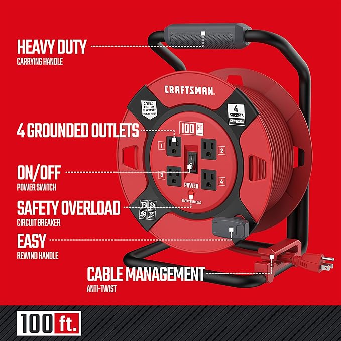 CRAFTSMAN 100 Ft. Retractable Extension Cord Reel With 4 Outlets & Heavy Duty 14AWG SJTW Cable