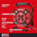 CRAFTSMAN 100 Ft. Retractable Extension Cord Reel With 4 Outlets & Heavy Duty 14AWG SJTW Cable