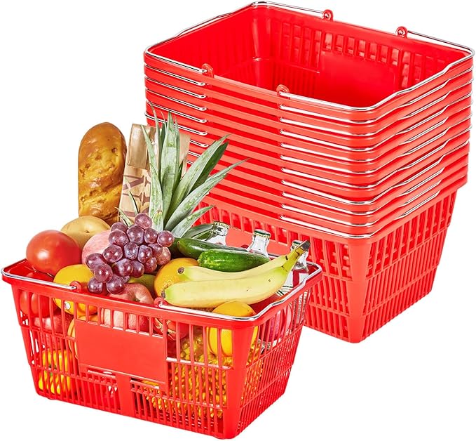 VEVOR Shopping Baskets, 12 PCS, 21L Stackable PE Plastic Grocery Baskets with Metal Handles, Dense Mesh Structure, Holds up to 20 lbs, Portable for Grocery, Retail, Stores, Supermarket, Home Use, Red