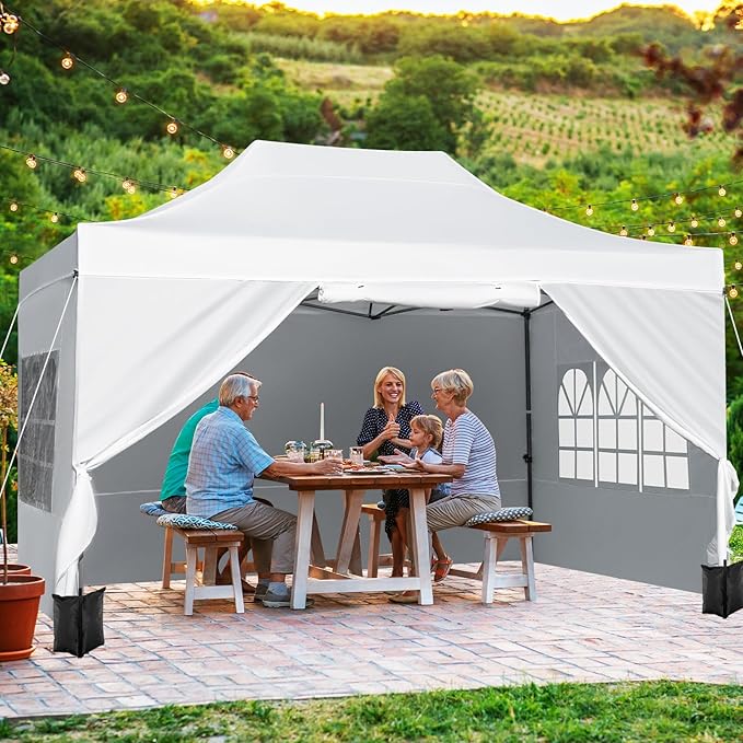 Tangkula 10x14 FT Pop Up Canopy, Outdoor Tent with 4 Sidewalls, Roll-up Door, Wheeled Bag, 4 Sandbags, 8 Stakes, 4 Wind Ropes, Portable Canopy Tent for Beach Party Event Camping (White)