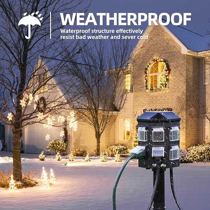 Outdoor Power Strip with 100FT Extension Cord, 100FT Remote Control, Dusk to Dawn Light Timer Waterproof, 6 Grounded Outlets for Yard, Pool and Garden, ETL Listed