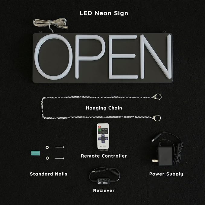 HiNeon Green LED Open Sign, 20"x7" Light-Up Business Sign with Remote, 12V Plug-In, Hanging Chain Included