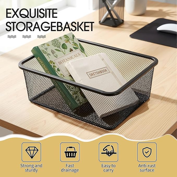 4 Pcs Metal Wire Basket 16.5in Metal Mesh Basket Pantry Organizers Bin Containers for Home Organizing Cabinet Pantry Closet Kitchen Fridge Fruit Makeup Snacks Gifts(Black,Small)
