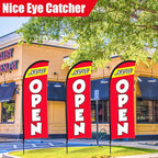 Buryeah 3 Sets Now Open Feather Flag Pole Kit for Business Advertising 7 ft Open Flag Banner Sign with Pole Kit Ground Stake and Portable Bag for Outside Ground (Red)