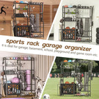 Garage Sports Equipment Organizer, Golf Bag Storage Rack, Heavy Duty Ball Holder with Basket & Hooks, Indoor/Outdoor Basketball Storage Bins for Toy Sports Gear Storage