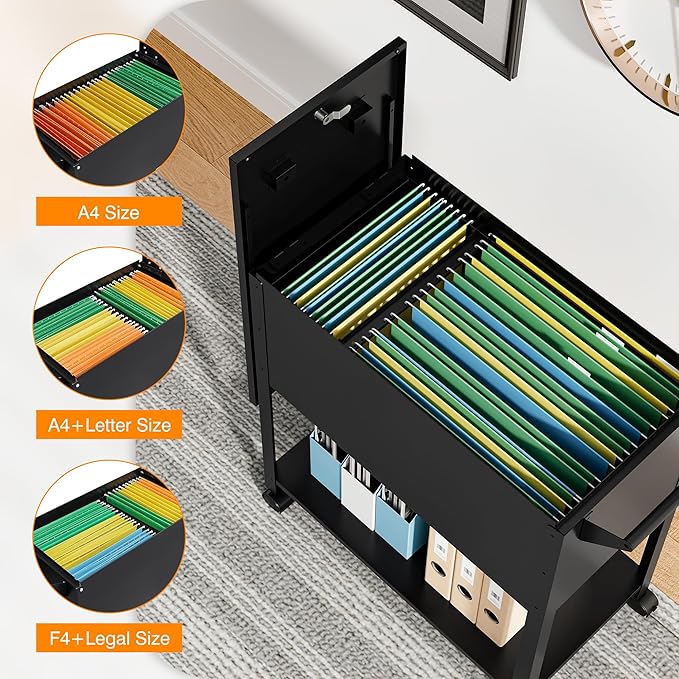 Mobile File Cabinet, 2 Tier File Cart with Wheels Hanging Files, Metal Rolling Cart with Lock and Sliding Cover for Office, Mailrooms, Cubicles, Classrooms, Libraries, Black