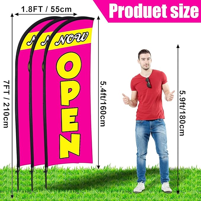 Buryeah 3 Sets Now Open Feather Flag Pole Kit for Business Advertising 7 ft Open Flag Banner Sign with Pole Kit Ground Stake and Portable Bag for Outside Ground(Rose Red)