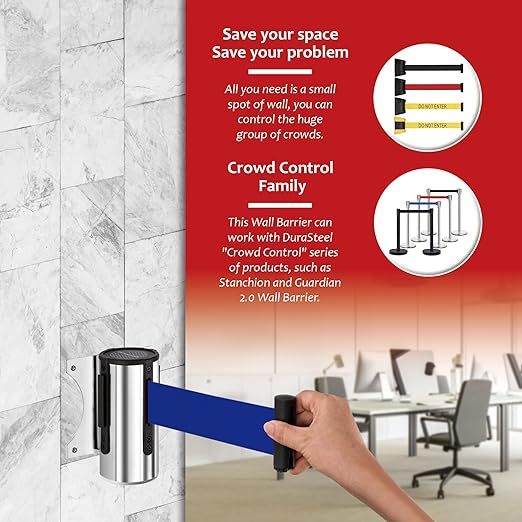 DuraSteel Wall Mount Crowd Control Retractable Belt Barrier - 9.2 Ft Blue Retractables Barrier Belt w/Stainless Steel Casing - Do Not Enter Crowd Control Barriers NOT Stanchions with Retractable Belts