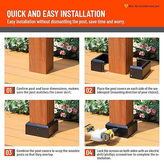 6"x6" (Actual: 5.5"x5.5") Deck Post Base Cover Split, Aluminum Post Base Trim Skirt Decorative Black 4Pack