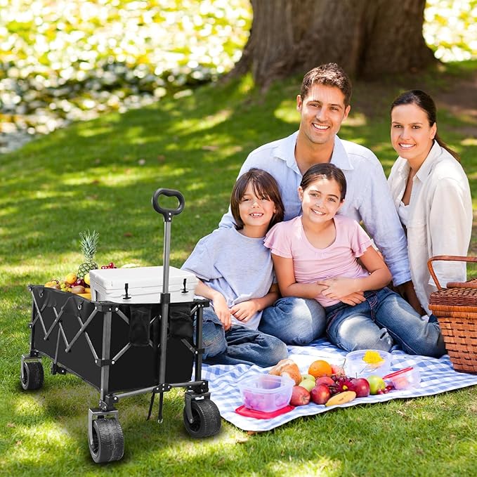 Collapsible Foldable Extended Wagon, Weight Capacity 440 LBS, Heavy Duty Large Wheeled Utility Cart, Folding Grocery Shopping Cart for Camping, Grocery, Garden - Large Capacity Portable Outdoor Cart