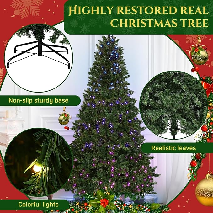 7.5ft Pre-Lit Slim Artificial Christmas Tree - 400 RGB Color Changing LED Lights with APP & Remote Control, 1477 Full Branch Tips, Easy Setup Preassembled Holiday Tree for Home, Party, Christmas Decor