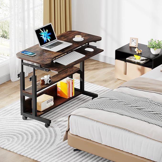 Tribesigns Portable Desk with Power Outlets, Height Adjustable Side Table Sofa Couch Bedside Laptop Computer Cart with USB Charging Ports, Mobile Small Standing Desk with Keyboard Tray
