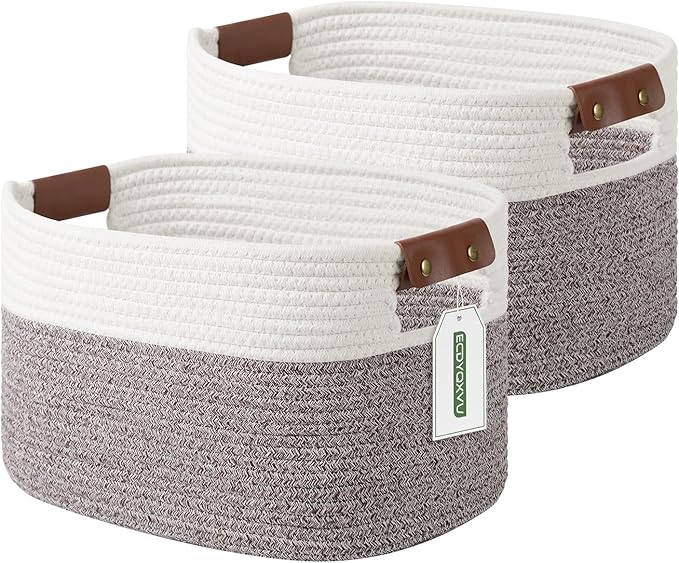 Cotton Rope Basket, Storage Baskets with Handle, 15x10x9 Inch Woven Basket for Shelves, Laundry, Towels, Clothes, Books (White Brown 2 Pack)