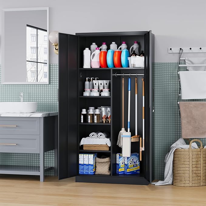 Broom Closet with Lock, Metal Storage Cabinet 36" Wide, 5-Tier Steel Utility Cabinet with Hanging Rod & Doors for Garage, Laundry Room, Warehouse Storage