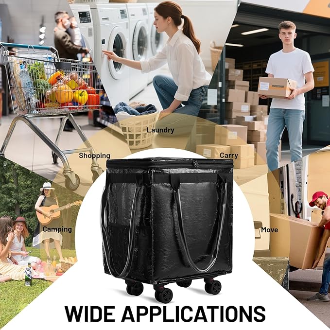 (Large) Fanwoli Reusable Grocery Bag on Wheels with Upgraded Wrinkle-Resistant Fabric | Enhanced Stability Wheels & Extended Handle | Foldable Shopping Trolley for Laundry, Carries Up to 130 L