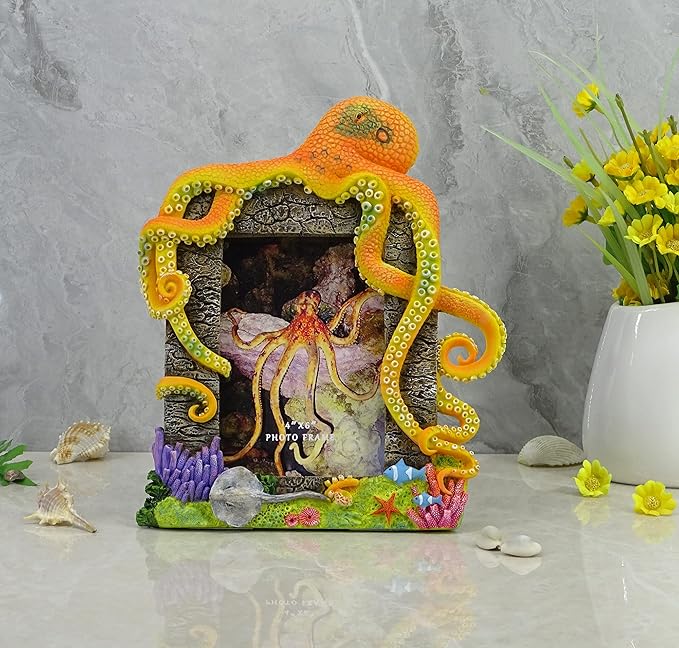 4″X6″Decorative Octopus Hand-Crafted resin Picture Frame for Tabletop. Deep sea Octopus Design Home Décor..Photo Gallery. Art. Octopus Figurine. More (4″x6″) (Orange)