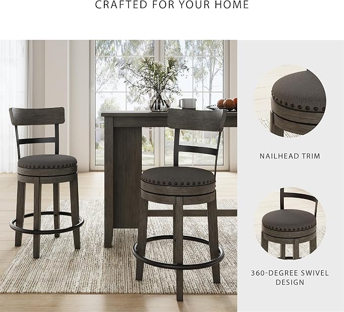 Signature Design by Ashley Caitbrook | Farmhouse Swivel 24" Counter Height Barstool – 360° Swivel, Upholstered with Nailhead Trim, Metal & Wood Frame, Gray